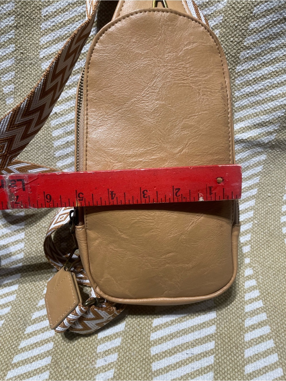 Tan Crossbody Sling Bag with Patterned Strap - Picture 14 of 16